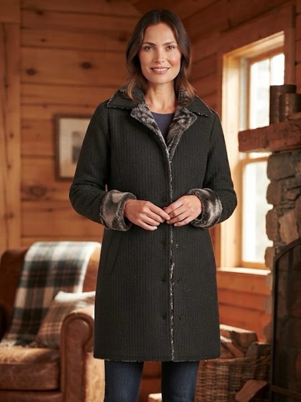 Pendelton by George Simonton Charcoal Grey Ribbed Coat with Faux Fur Lining